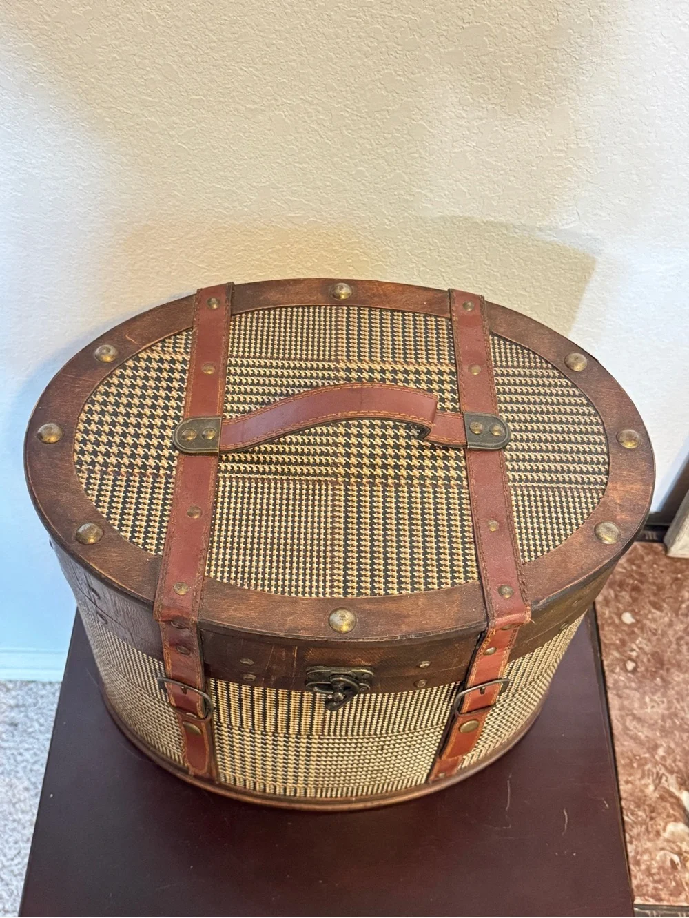 Vintage Ralph Lauren Style Brown Leather & Tweed Storage Trunk Box/Chest